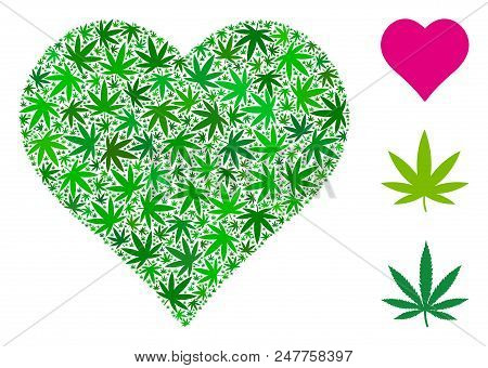 Heart Composition Of Weed Leaves In Different Sizes And Green Tones. Vector Flat Weed Leaves Are Com