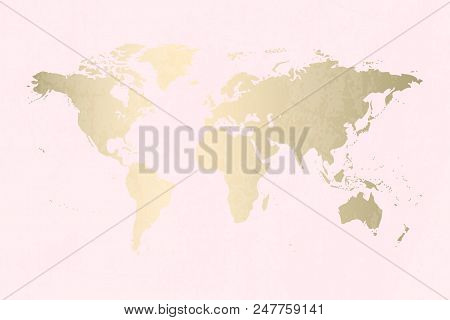 Modern Gold World Map Design On Grunge Pastel Abstract Texture. Vector Trendy Design