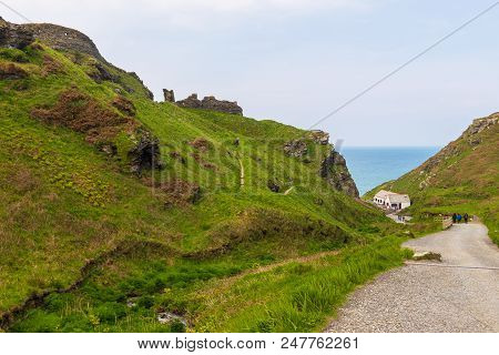 Tintagel, United Kingdom - May 02, 2014: View Of Tintagel Island And Legendary Tintagel Castle Ruins