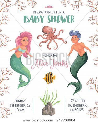 Baby Shower Invitation With Mermaid, Merman, Marine Plants And Animals. Cartoon Sea Flora And Fauna 