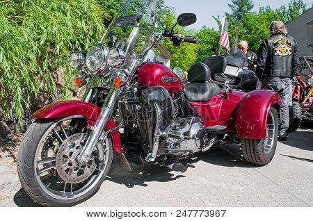 Ukraine, Lviv - July 2, 2018: Red Harley-davidson Motorcycle Is Outdoors