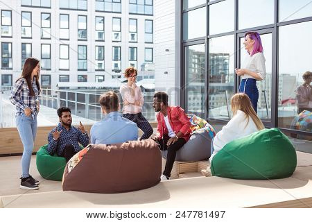 Business Meeting Of Young Talanted Top Photographers. Top View Of Buiness Team Brainstorming While S