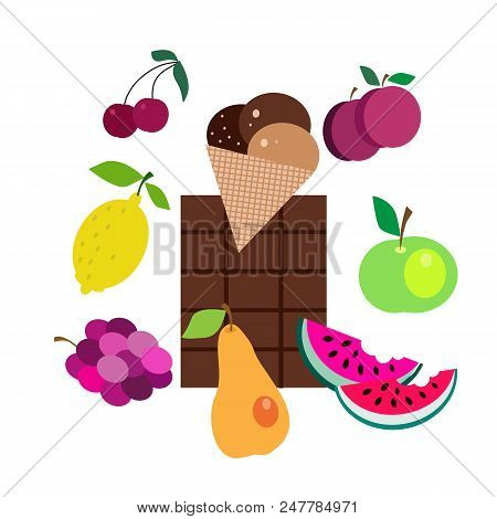 Sweets And   Different Fruits . Summer Picnic Concept  For Web Banners, Web Sites, Menu, Infographic