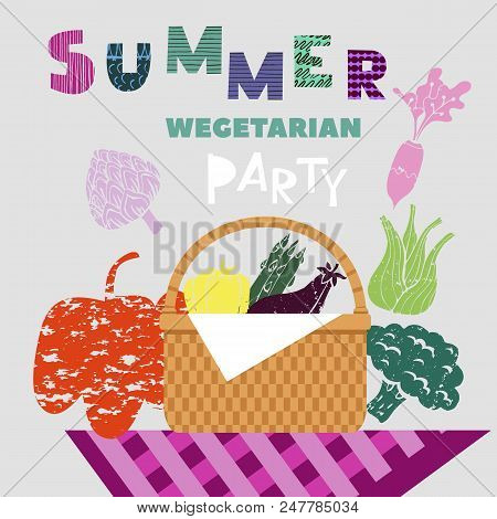 Summer Picnic Concept  For Web Banners, Web Sites, Menu, Infographics. Wicker Picnic Basket  With Fo
