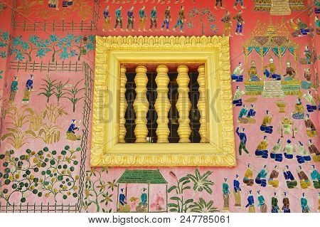 Luang Prabang, Laos - April 14, 2012: Exterior Wall With Beautiful Mosaic Of The Pavilion At Xieng T