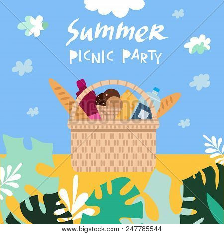 Summer Picnic Concept  For Web Banners, Web Sites, Menu, Infographics. Wicker Picnic Basket  With Fo