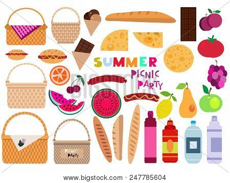 Summer Family  Picnic Concept With Basket, Food And Fruits. Vector Illustration  In Flat Cartoon Sty