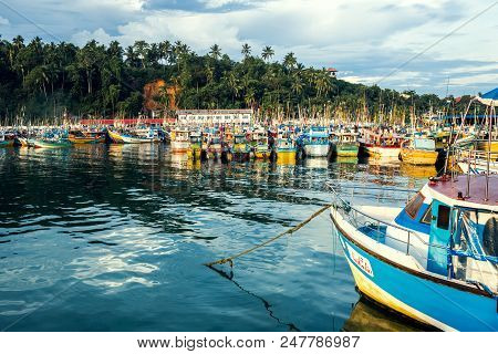 Sri Lanka, Mirissa - 17 April 2018: Fishing Boats Near Mirissa Bay