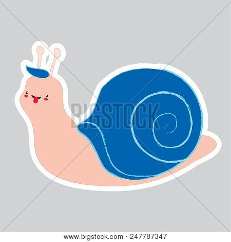 Doodle Snail Boy On Gray Background. Blue Forelock And Shell. Nursery Art. Use As Illustration Stick