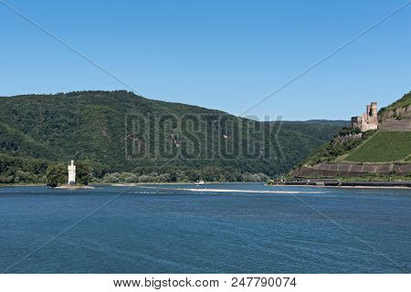 Panoramic View Over The Rhine River To The Mauseturm And Ehrenfels Castle, Germany