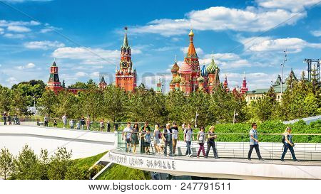 Moscow - June 17, 2018: People Visit The Landscaped Zaryadye Park Near Moscow Kremlin, Russia. Zarya