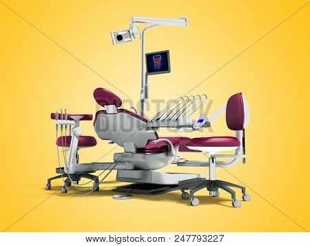 Modern Cherry Dental Chair And Borax With Backlight And Monitor For Work On 3d Render On Orange Back