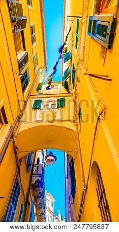 Colorful Buildings In Monterosso In Cinque Terre, Italy On Sunny Day.