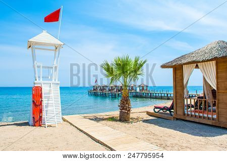 Wooden Beach Pavilions On The Shore Of A Sandy Beach - The Mediterranean Coast, Beldibi, Antalya, Tu