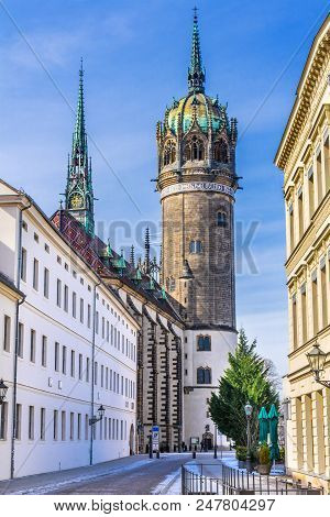 Snow Covered Street Shops Restaurants All Saints Castle Castle Church Schlosskirche Lutherstadt Witt