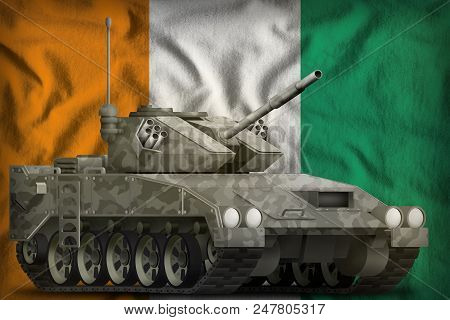 Light Tank Apc With City Camouflage On The Cote D Ivoire Flag Background. 3d Illustration