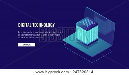 Laptop With Database Icon, Cloud Data Storage, Web Hosting, Server Room Isometric Vector