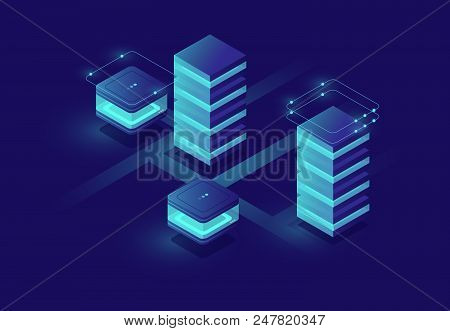 Concept Of Smart Urban City With Server Room And Database Icons, Data Center And Database, Big Data 