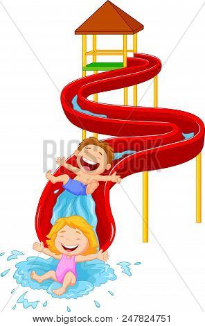 Happy Children On Water Sliding Isolated On White Background