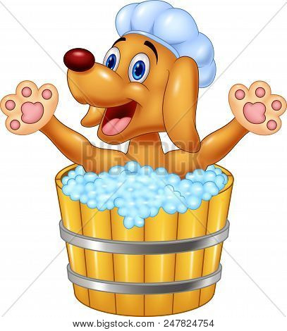 Cartoon Dog Bathing Time On White Backgroud