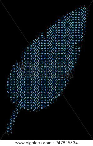 Halftone Feather Composition Icon Of Spheres In Blue Shades On A Black Background. Vector Round Sphe