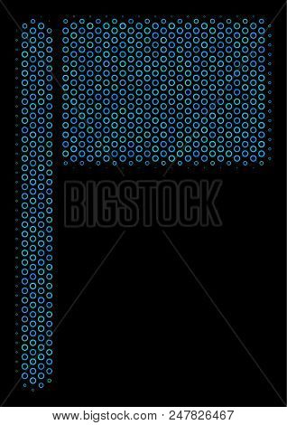 Halftone Flag Collage Icon Of Spheres In Blue Color Tinges On A Black Background. Vector Round Spher
