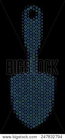 Halftone Scoop Shovel Collage Icon Of Empty Circles In Blue Color Tints On A Black Background. Vecto