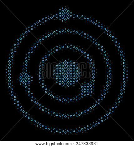 Halftone Solar System Collage Icon Of Empty Circles In Blue Shades On A Black Background. Vector Emp