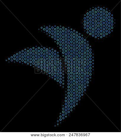 Halftone Winged Man Mosaic Icon Of Empty Circles In Blue Color Tones On A Black Background. Vector E