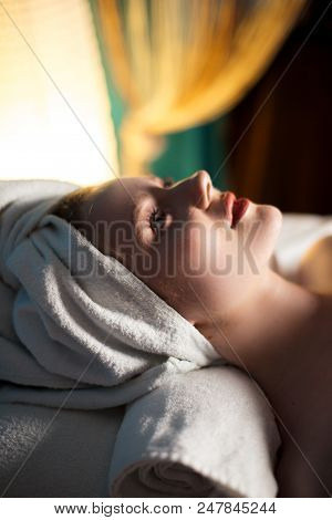 Woman With Perfect Skin And Towel On Head Relaxing At Spa, Skin Care Towel On Head, Beauty Photo Con