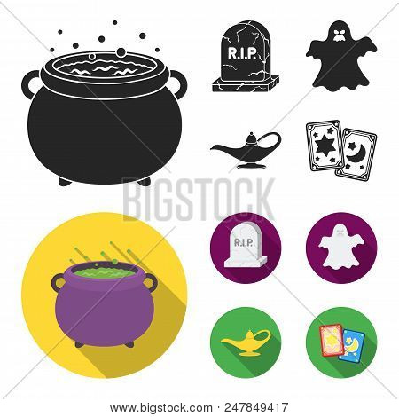 A Witch Cauldron, A Tombstone, A Ghost, A Gin Lamp.black And White Magic Set Collection Icons In Bla