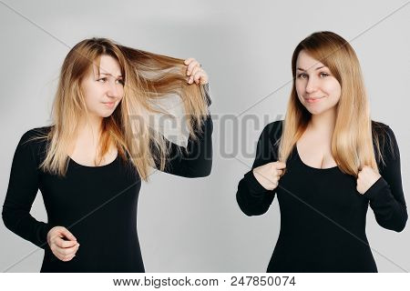 Collage Of Blonde Haired Woman Wearing In Black, Holding Messy Unbrushed Hair In Hands After And Bef