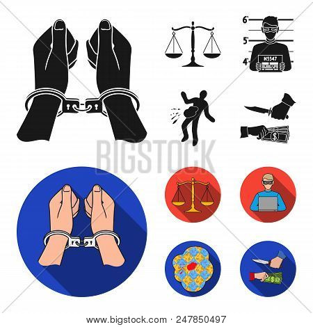 Handcuffs, Scales Of Justice, Hacker, Crime Scene.crime Set Collection Icons In Black, Flat Style Ve