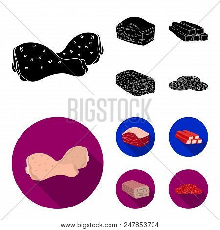 Chicken Drumstick, Podcherevina, Crab Sticks, Meatloaf. Meat Set Collection Icons In Black, Flat Sty