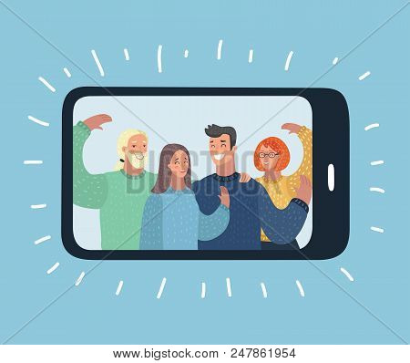 Vector Cartoon Illustration Of Group People Wave To You From Display Of Smartphone