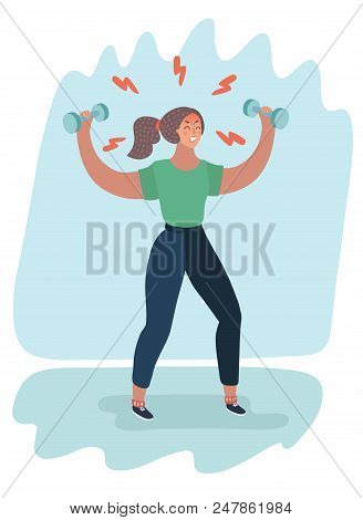 Vector Cartoon Illustration Of Women Doing Hard Dumbbells Exercises For Health And Beauty. Hard Trai