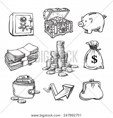 Black And White Money Set. Safe, Chest With Treasures, Piggy Bank, Stack Of Bills, Stack Of Coins, S