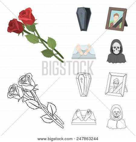 Coffin With A Lid And A Cross, A Photograph Of The Deceased With A Mourning Ribbon, A Corpse On The 