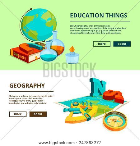 Horizontal Banners With Cartoon Pictures Of Science And Geography Symbols. Education Knowledge, Lear