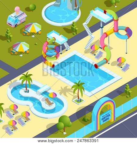 Pictures Of Outdoor Attractions In Water Park. Vector Isometric Illustrations. Aquapark With Watersl