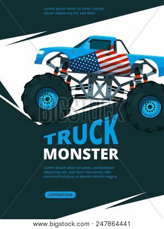 Monster Truck Poster. Design Template Of Retro Placard With Illustration Of Monster Truck. Transport