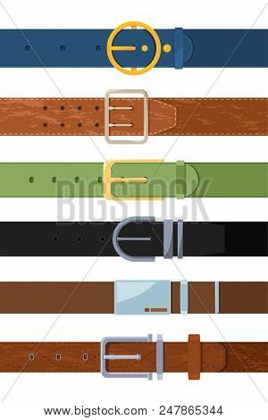 Clothing Belt. Vector Set Of Various Colored Belts. Accessory Leather Strap With Metal Buckle Illust