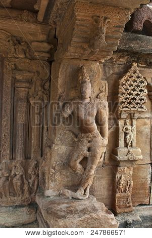 Carved Figure Of A Dvarapala. Mukha-mandapa, Papanatha Temple, Pattadakal Temple Complex, Pattadakal