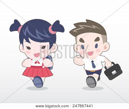 Cute Style Young Thai Students [boy And Girl] Running Illustration