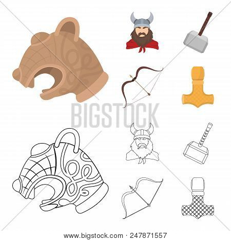 Viking In Helmet With Horns, Mace, Bow With Arrow, Treasure. Vikings Set Collection Icons In Cartoon
