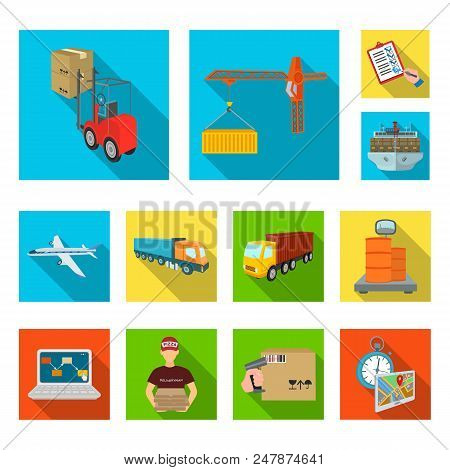 Logistics And Delivery Flat Icons In Set Collection For Design. Transport And Equipment Isometric Ve