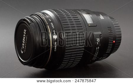 Gomel, Belarus - July 2, 2018: The Canon 100mm On A Black Background