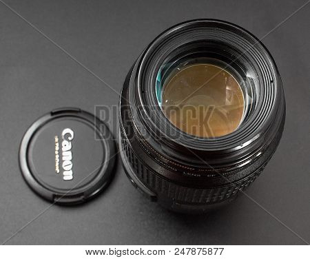 Gomel, Belarus - July 2, 2018: The Canon 100mm On A Black Background