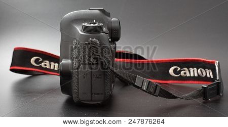 Gomel, Belarus - July 2, 2018: Canon 6d Camera On A Black Background