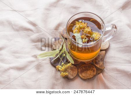Tea With Linden. The Tray On The Bed, The Concept Of The Treatment Of Colds